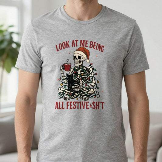 Look at Me Being All Festive Christmas T-Shirt in Sport Grey, worn, our photo