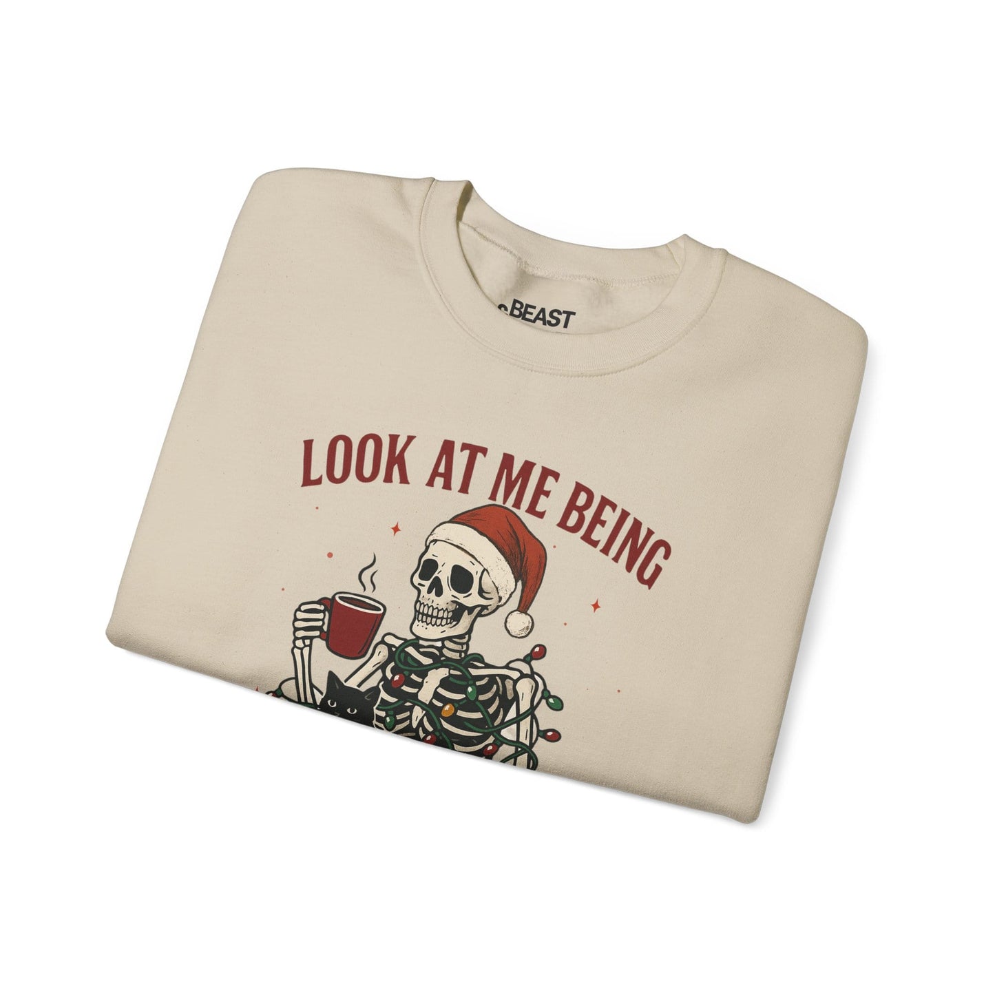 festive skeleton sweatshirt detail showing bold printed design and fit