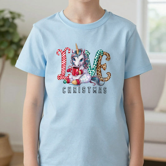 Love Christmas Unicorn Kids T-Shirt in Light Blue, worn, our photo