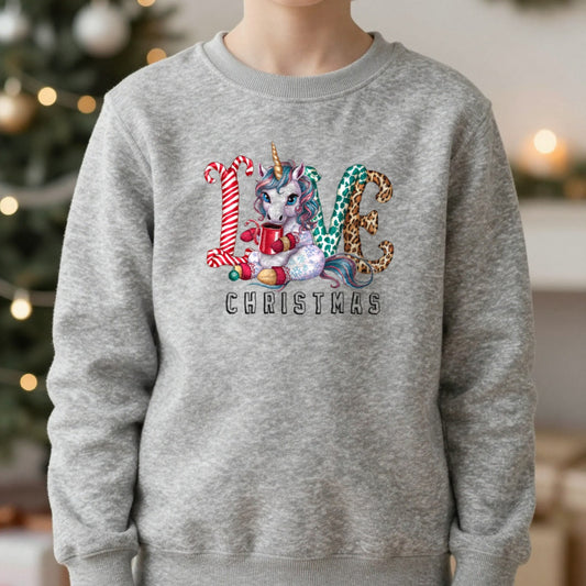 Love Christmas Unicorn Youth Sweatshirt in Sport Grey, worn, our photo