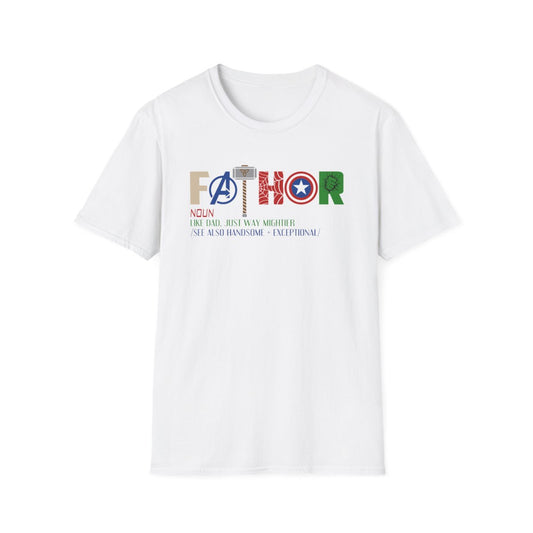 white t-shirt with Marvel inspired father funny superhero dad design