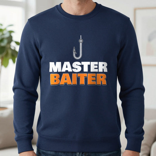 Master Baiter Funny Fishing T-Shirt & Sweatshirt in Navy (Sweatshirt), worn, our photo