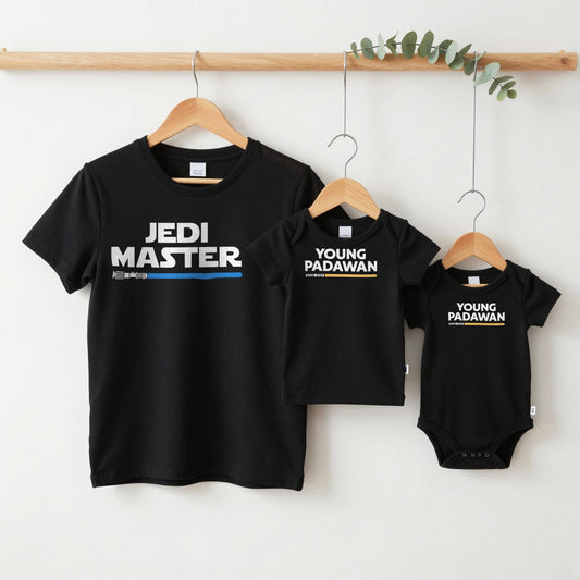 Master & Apprentice grown-up tee, kids tee and baby grow on hangers