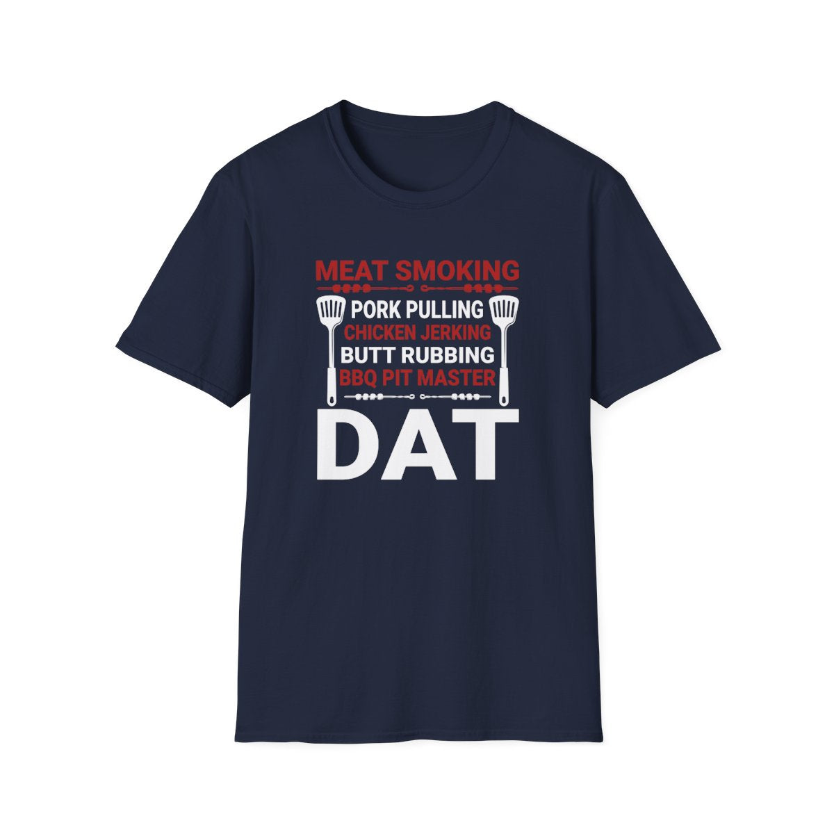 navy t-shirt with funny BBQ pit master pork smoking design
