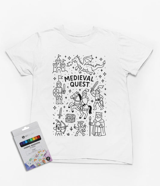 white t-shirt with medieval quest colour-in design featuring knights and dragons for kids