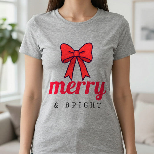 Merry & Bright Bow Christmas Jumper & T-Shirt in Sport Grey (T-Shirt), worn, our photo