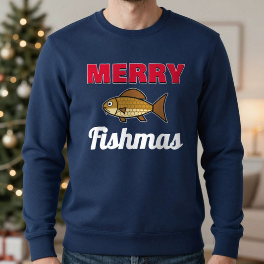 Merry Fishmas Fishing Christmas Jumper & T-Shirt in Navy (Sweatshirt), worn, our photo