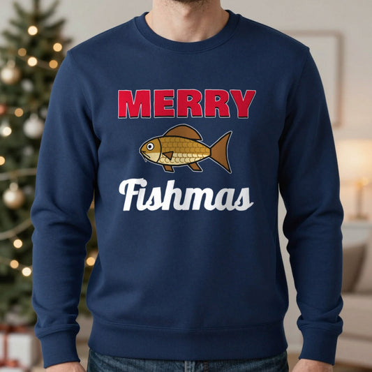 Merry Fishmas Fishing Christmas Jumper & T-Shirt in Navy (Sweatshirt), worn, our photo