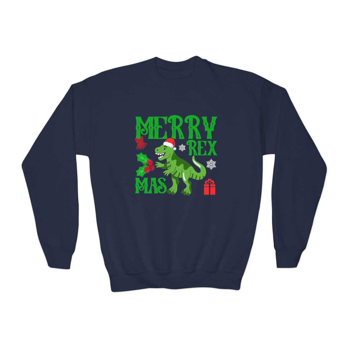 forest green youth christmas sweatshirt with fun dinosaur merry rex design
