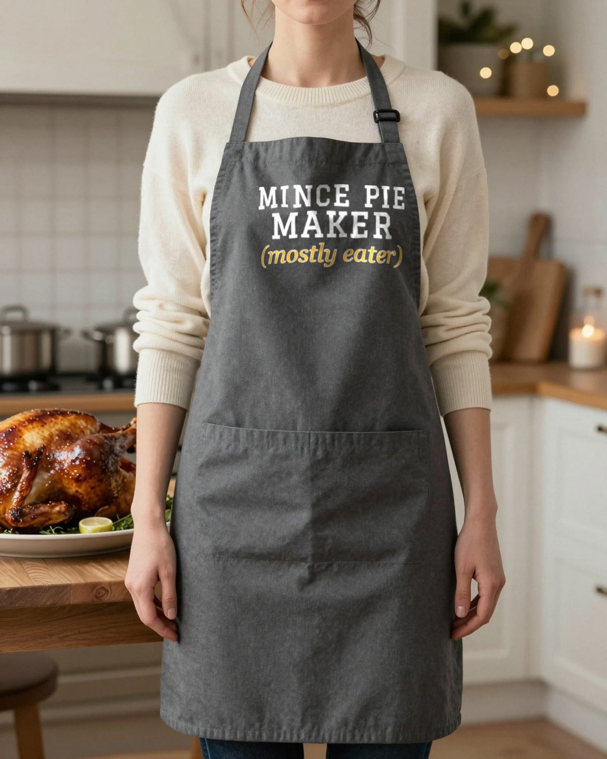 Mince Pie Maker Mostly Eater Christmas apron in Dark Grey, worn, our photo