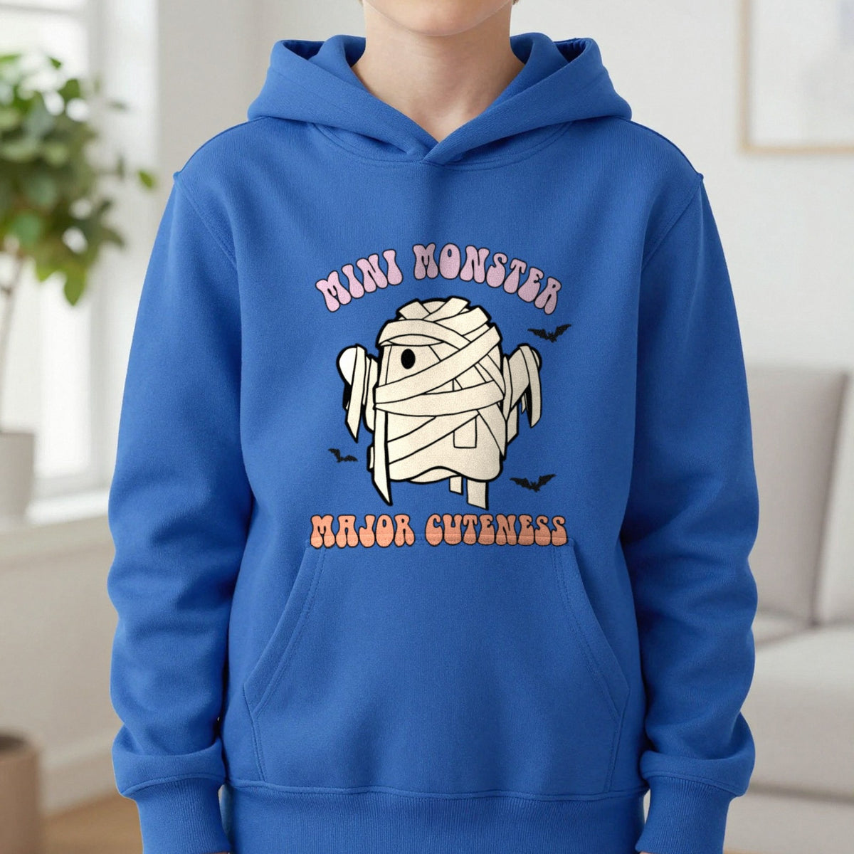Mini Monster Major Cuteness Halloween Kids Hoodie in Royal, worn, our photo
