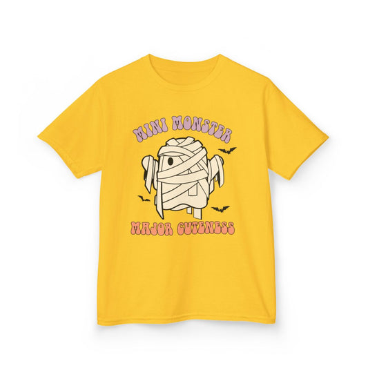 kids halloween t-shirt front view showing playful retro mummy graphic print