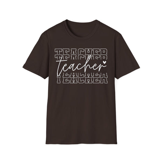 red t-shirt with bold layered typography for educators