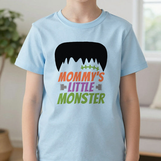 Mommy's Little Monster Kids Halloween T-Shirt in Light Blue, worn, our photo