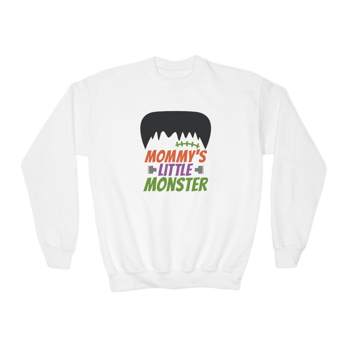 white sweatshirt with mommy's little monster funny Halloween design for kids