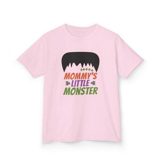 light blue kids t-shirt with mommy's little monster spooky graphic