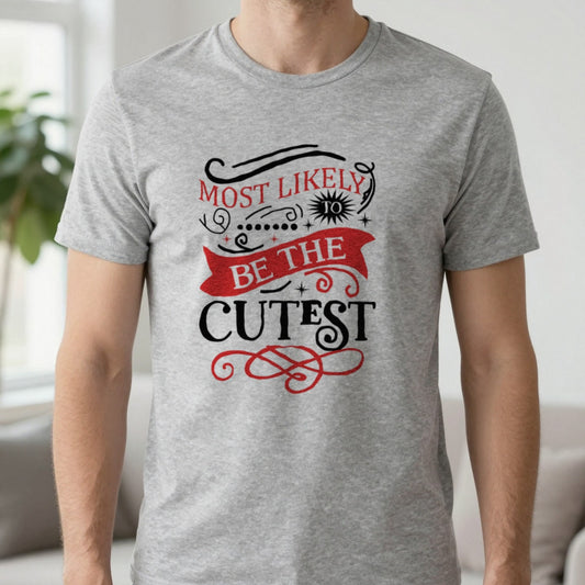 Most Likely to Be the Cutest Christmas T-Shirt in Sport Grey, worn, our photo