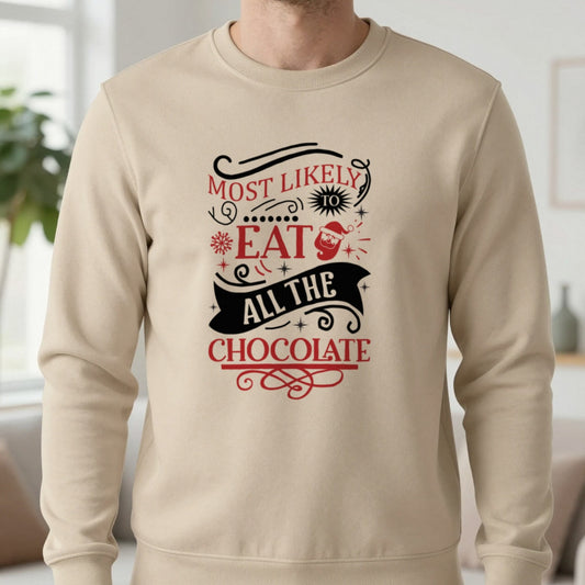 Most Likely to Eat All the Chocolate Christmas Sweatshirt in Sand, worn, our photo