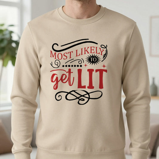 Most Likely to Get Lit Christmas Sweatshirt in Sand, worn, our photo