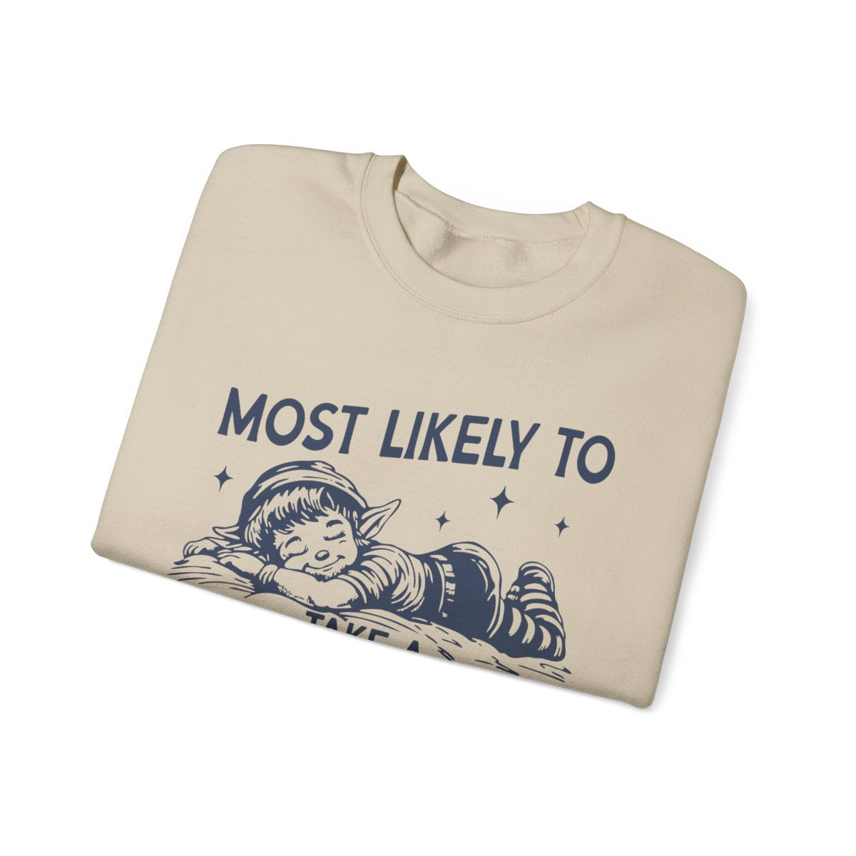 close-up of most likely to take a christmas nap print on soft sweatshirt fabric
