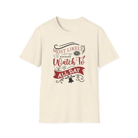 sport grey t-shirt with most likely to watch tv all day design