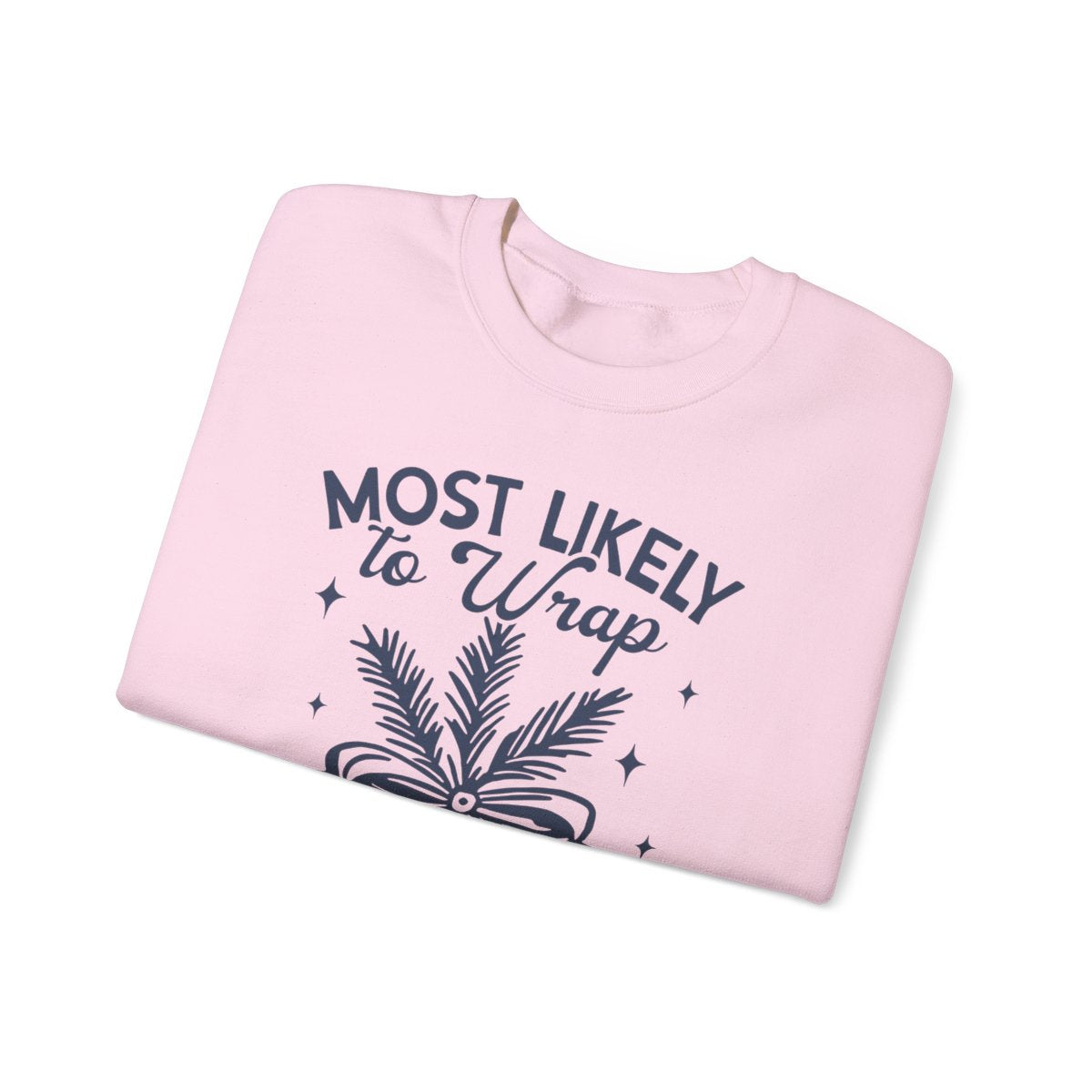 light pink sweatshirt worn casually showing most likely to wrap all the presents design detail