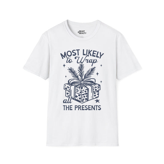 most likely to wrap all the presents christmas t-shirt white t-shirt Christmas gift idea