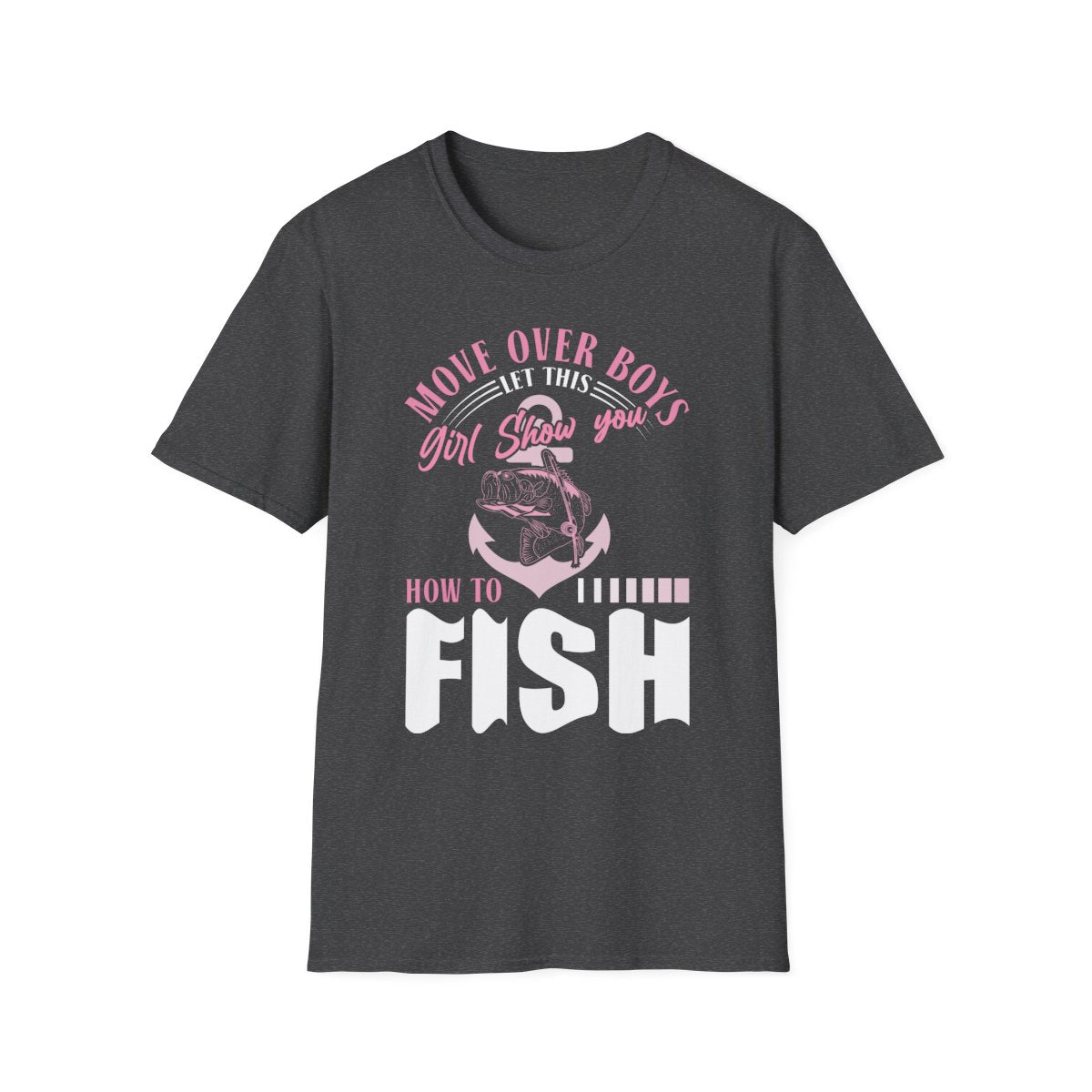 dark heather t-shirt with move over boys angler design for women