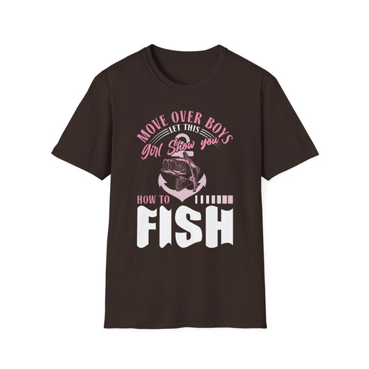 navy t-shirt with move over boys fishing slogan for female anglers