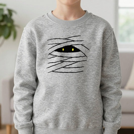 Mummy Eyes Kids Halloween Sweatshirt in Sport Grey, worn, our photo