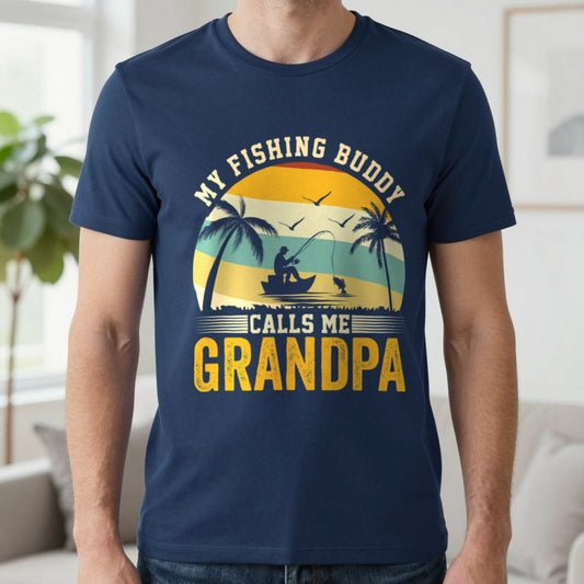 My Fishing Buddy Calls Me Grandpa T-Shirt in Navy, worn, our photo
