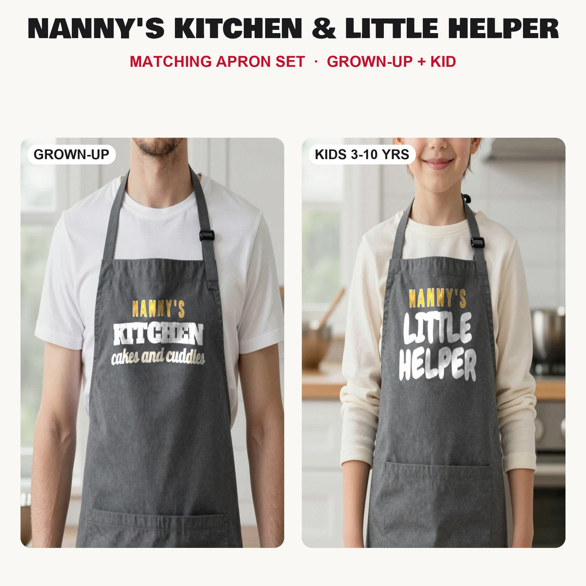 Nanny's Kitchen & Little Helper matching apron set in Dark Grey: grown-up and kids aprons, our photo