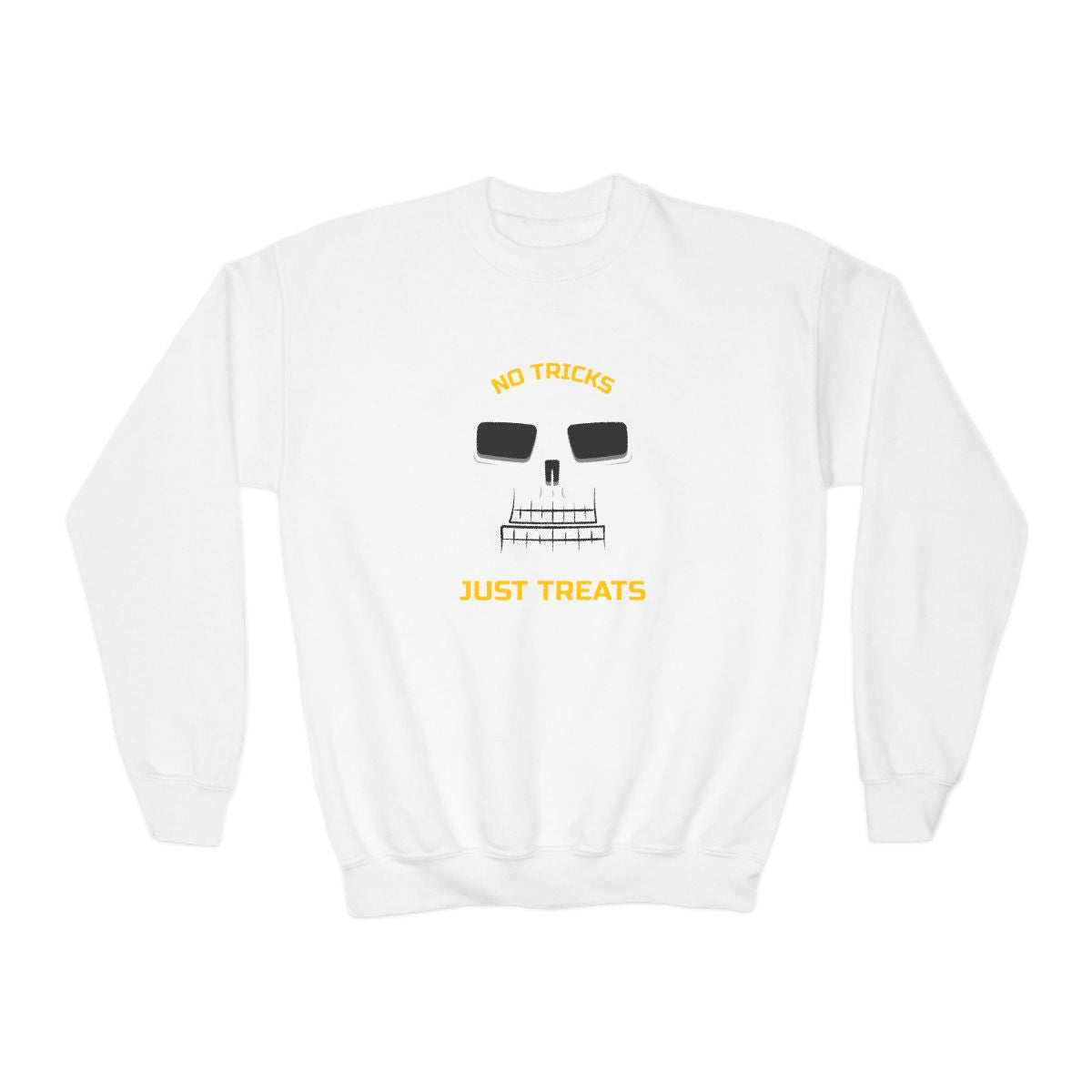 forest green kids sweatshirt with bold skeleton halloween print