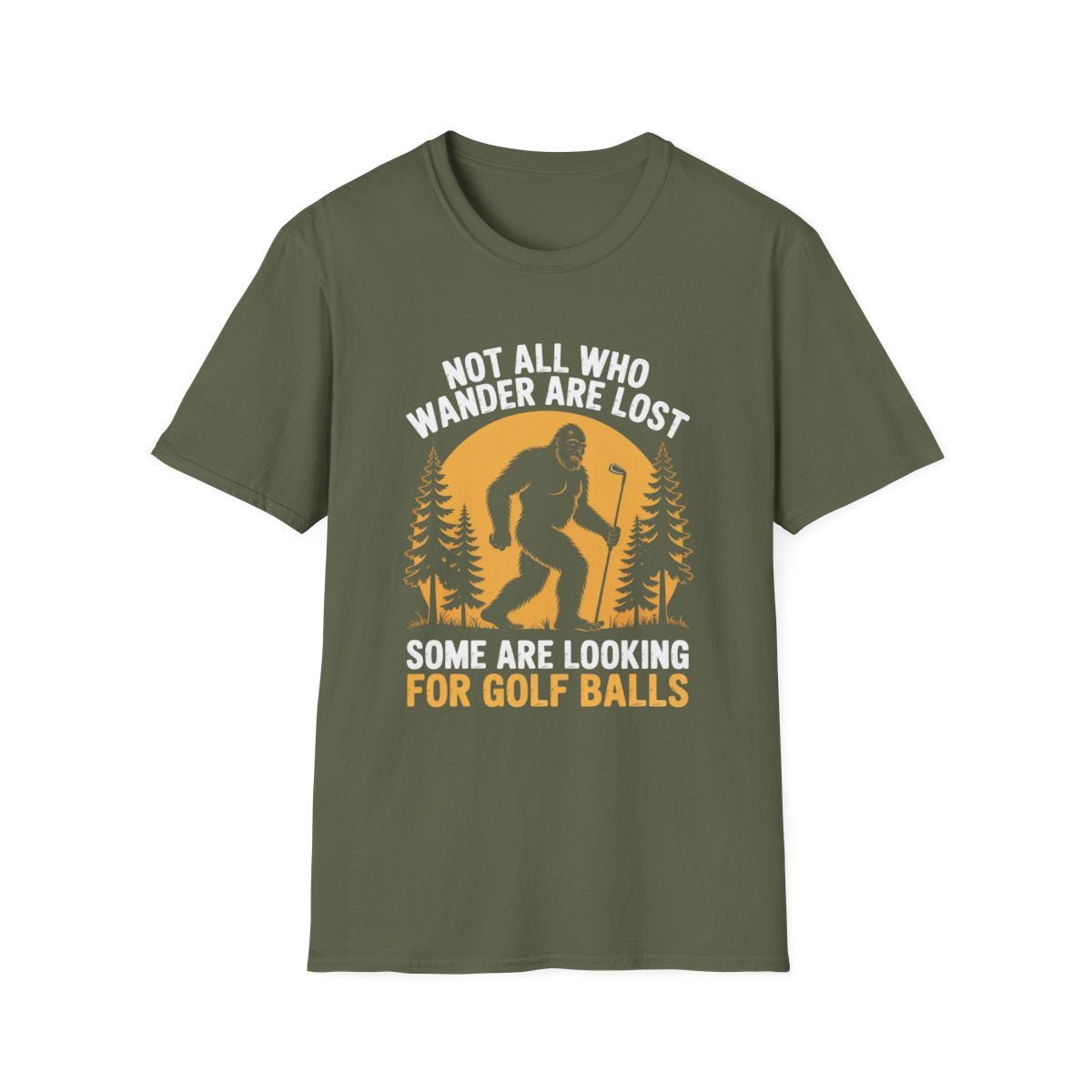 military green t-shirt with bold wanderlust golf quote print