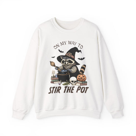 On My Way To Stir The Pot Halloween Raccoon Sweatshirt - funny sweatshirt by Cheeky Business