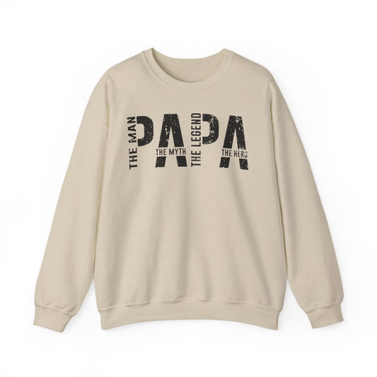sand sweatshirt with papa the man the myth the legend bold text graphic