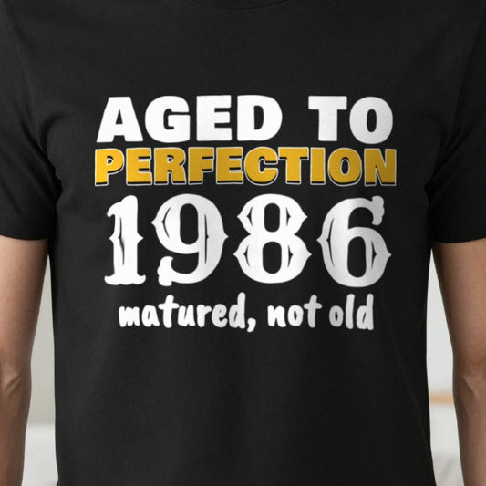Personalised Aged To Perfection Year T-Shirt print close-up, our photo