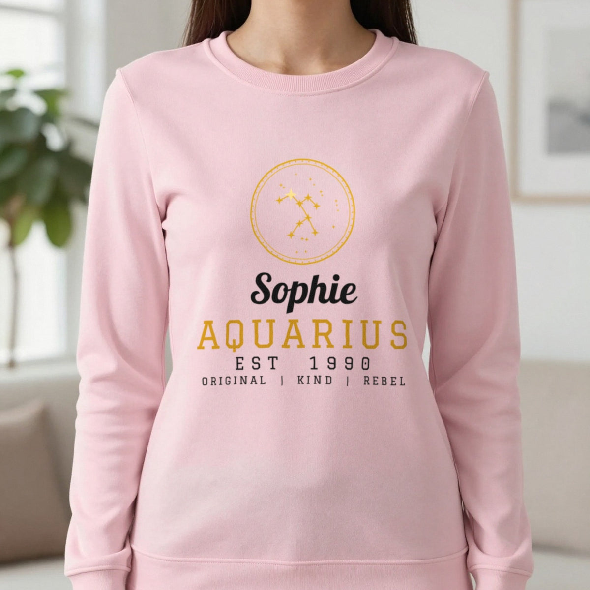 Personalised Aquarius T-Shirt & Sweatshirt Sweatshirt in Light Pink, worn, our photo