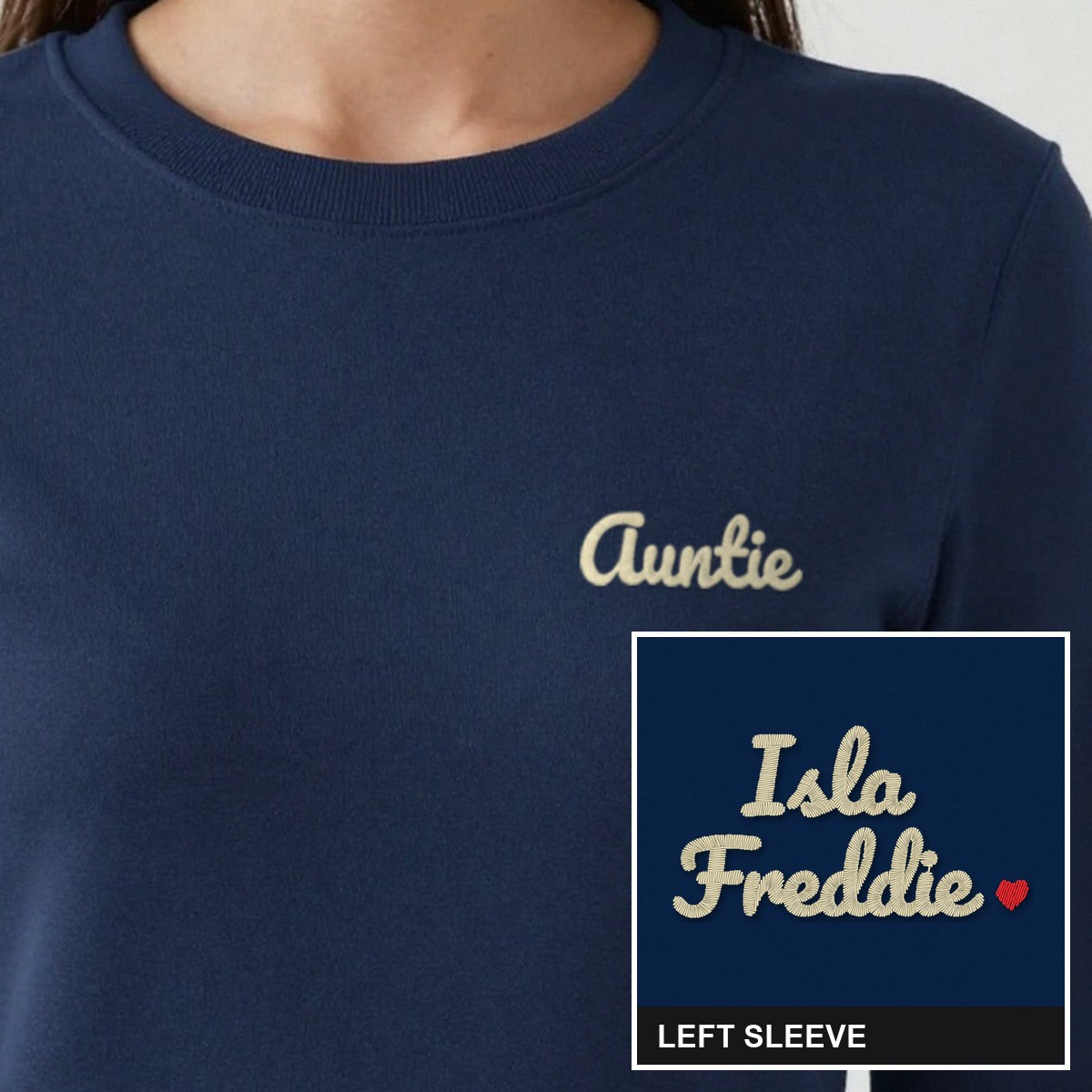 Auntie Sweatshirt with Names on the Sleeve, adult sweatshirt in navy, embroidered