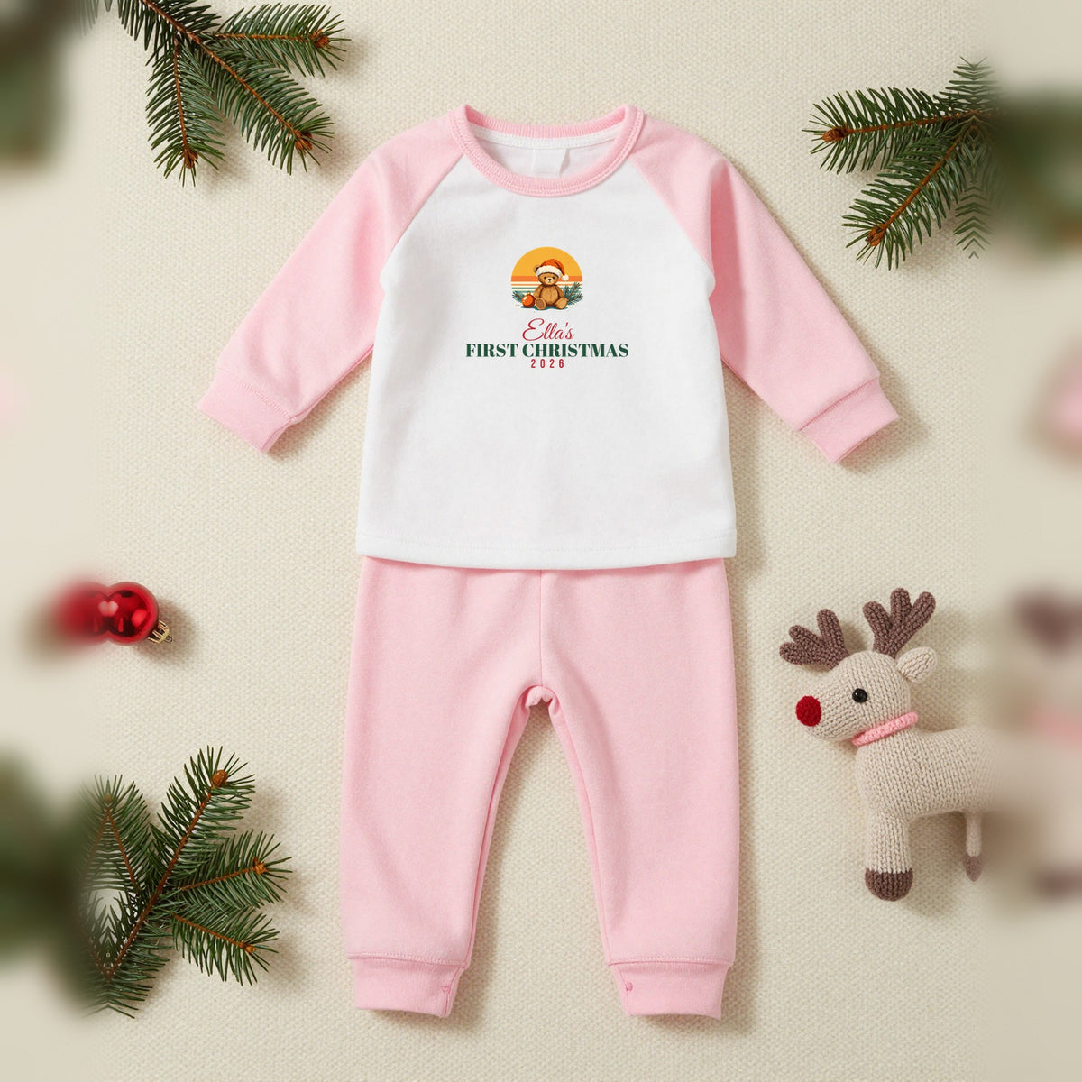 Baby's First Christmas Personalised Baby & Toddler Christmas Pyjamas, Baby & Toddler in Pink, our photo