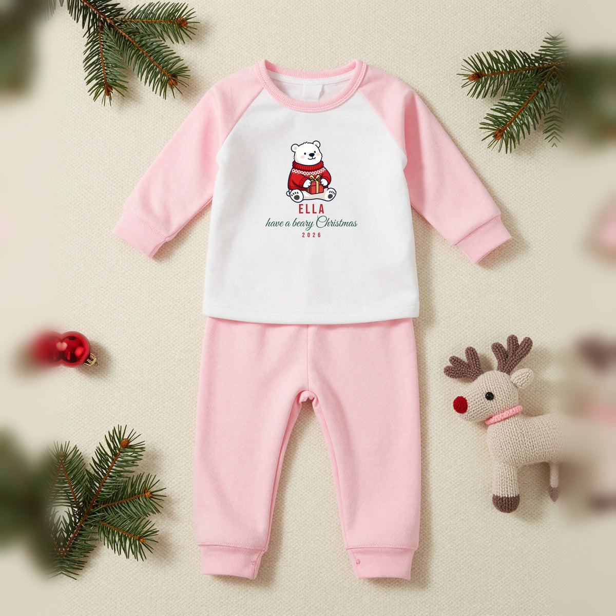 Beary Christmas Polar Bear Personalised Matching Family Christmas Pyjamas Set, Baby & Toddler in Pink, our photo