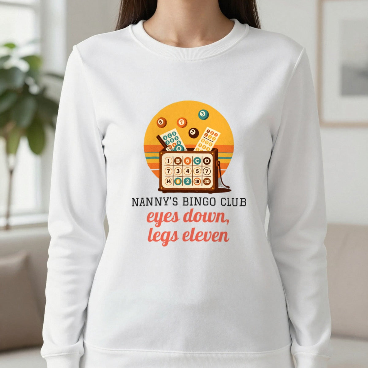 Personalised Bingo Club T-Shirt & Sweatshirt Sweatshirt in White, worn, our photo