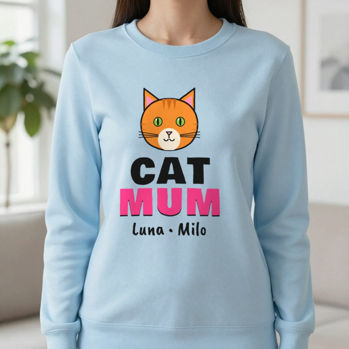 Personalised Cat Mum T-Shirt & Sweatshirt Sweatshirt in Light Blue, worn, our photo