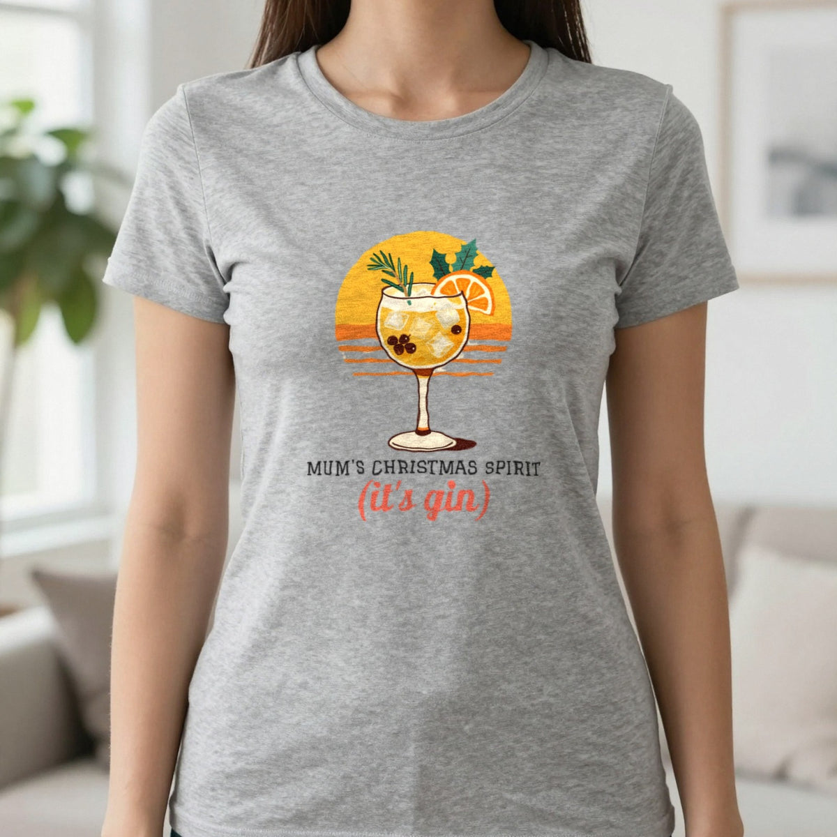 Personalised Christmas Spirit Gin Jumper & T-Shirt T-Shirt in Sport Grey, worn, our photo