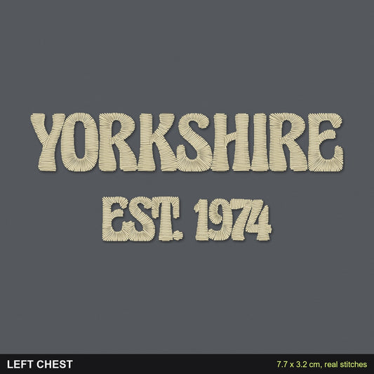 County Est. Sweatshirt: close-up of the real stitches with sizes