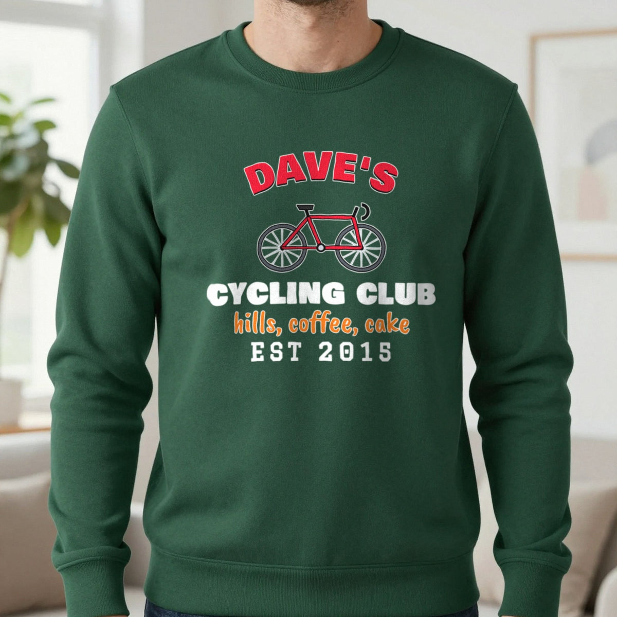 Personalised Cycling Club T-Shirt & Sweatshirt Sweatshirt in Forest Green, worn, our photo