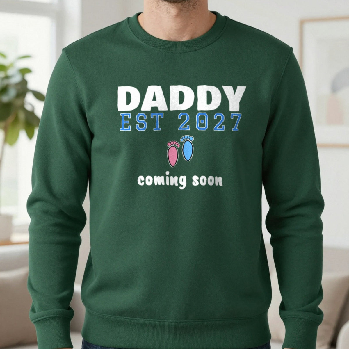 Personalised Daddy Est. 2027 T-Shirt Sweatshirt in Forest Green, worn, our photo