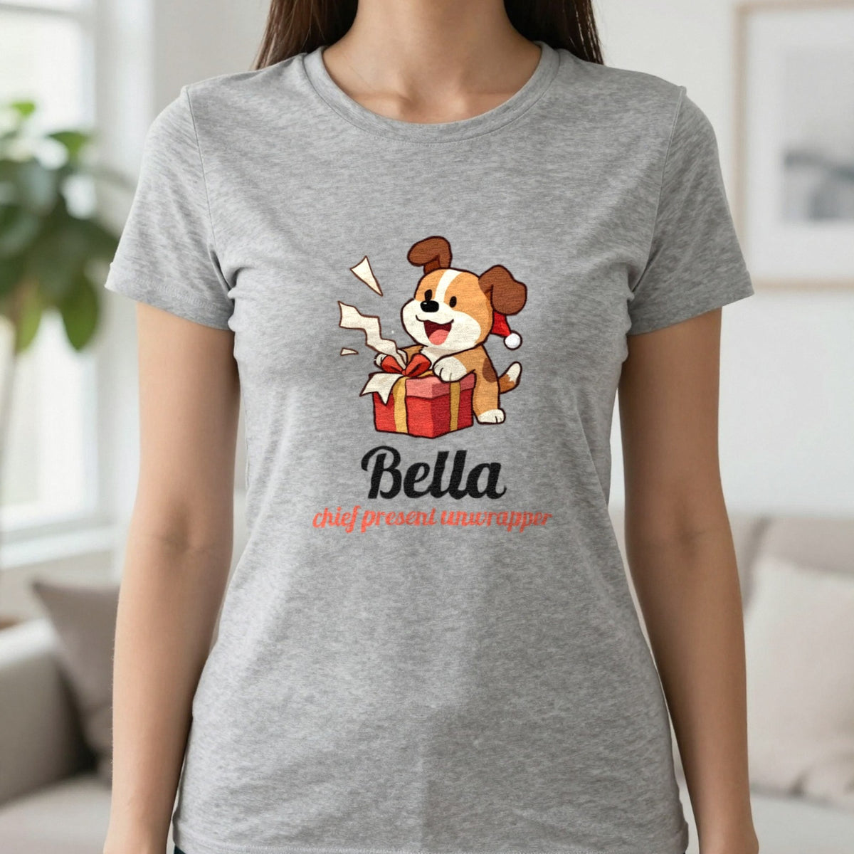 Personalised Chief Present Unwrapper Dog Christmas Jumper & T-Shirt T-Shirt in Sport Grey, worn, our photo