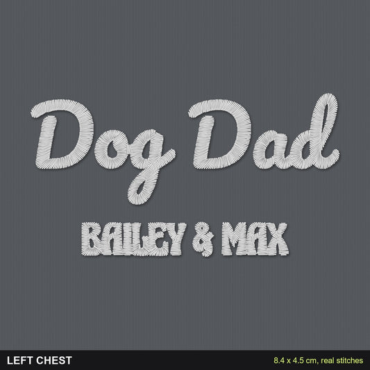 Dog Dad T-Shirt with Dog Names: close-up of the real stitches with sizes