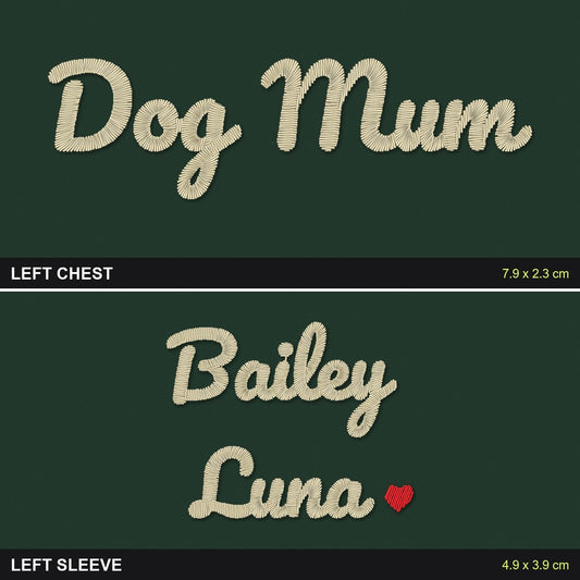 Dog Mum Sweatshirt with Dog Names on the Sleeve: close-up of the real stitches with sizes